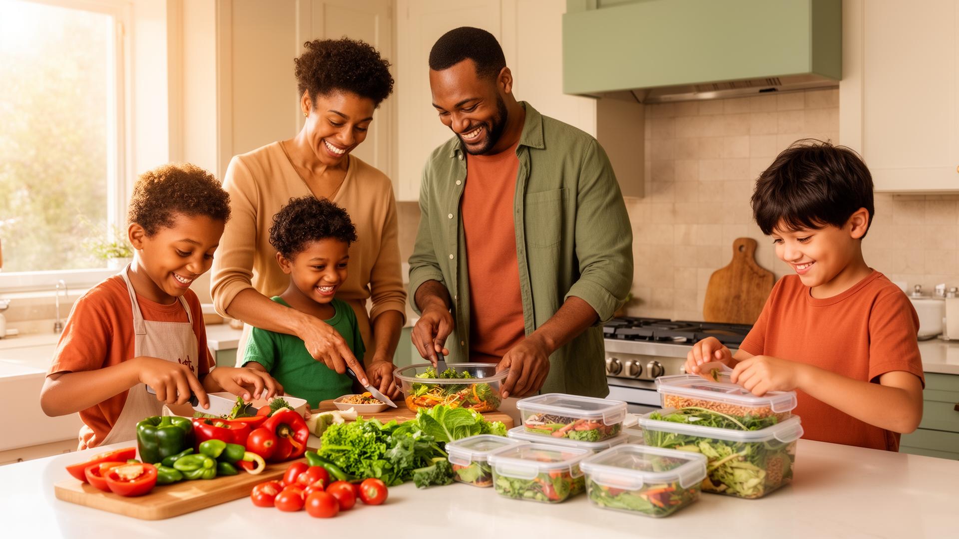 A family preparing fresh meal prep food together in a bright kitchen